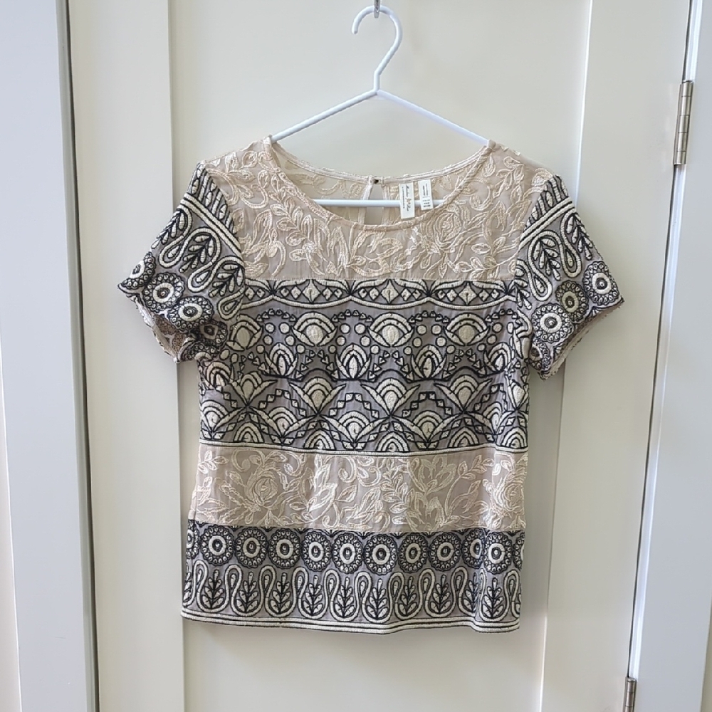 Anthropologie Cream and Black Embellished Blouse
